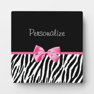 Trendy Black And White Zebra Print Pink Ribbon Plaque