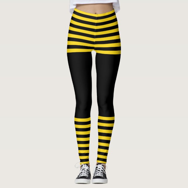 Trendy Black and Yellow Striped Leggings (Front)