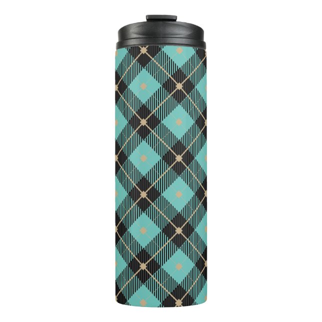 Trendy Black Aqua Plaid Pattern Thermal Tumbler (Front)