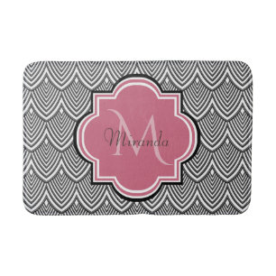 Trendy Black Arched Scallops Pink Monogram Name Bath Mat