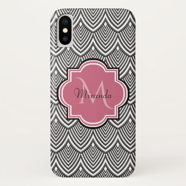 Trendy Black Arched Scallops Pink Monogram Name Case-Mate iPhone Case (Back)