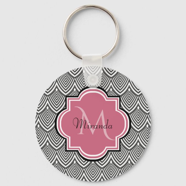 Trendy Black Arched Scallops Pink Monogram Name Key Ring (Front)