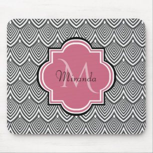 Trendy Black Arched Scallops Pink Monogram Name Mouse Mat