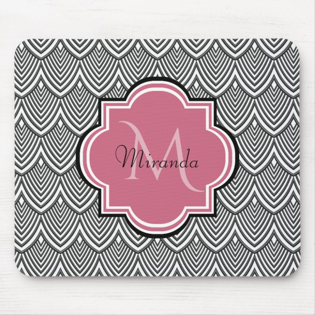 Trendy Black Arched Scallops Pink Monogram Name Mouse Mat (Front)