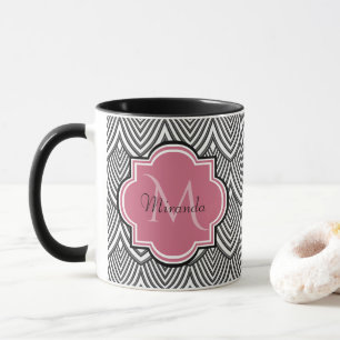Trendy Black Arched Scallops Pink Monogram Name Mug
