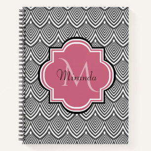 Trendy Black Arched Scallops Pink Monogram Name Notebook