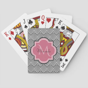 Trendy Black Arched Scallops Pink Monogram Name Playing Cards