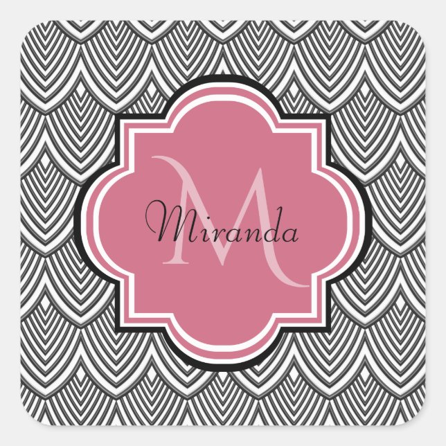 Trendy Black Arched Scallops Pink Monogram Name Square Sticker (Front)