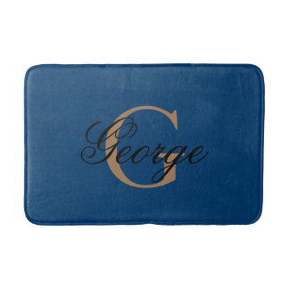 Trendy Black Blue Gold Stylish Monogram Bath Mat
