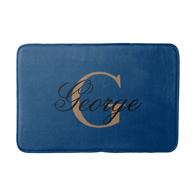 Trendy Black Blue Gold Stylish Monogram Bath Mat (Front)