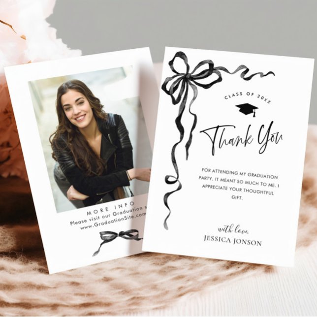 Trendy Black Bow Coquette PHOTO Graduation Thank You Card (Creator Uploaded)