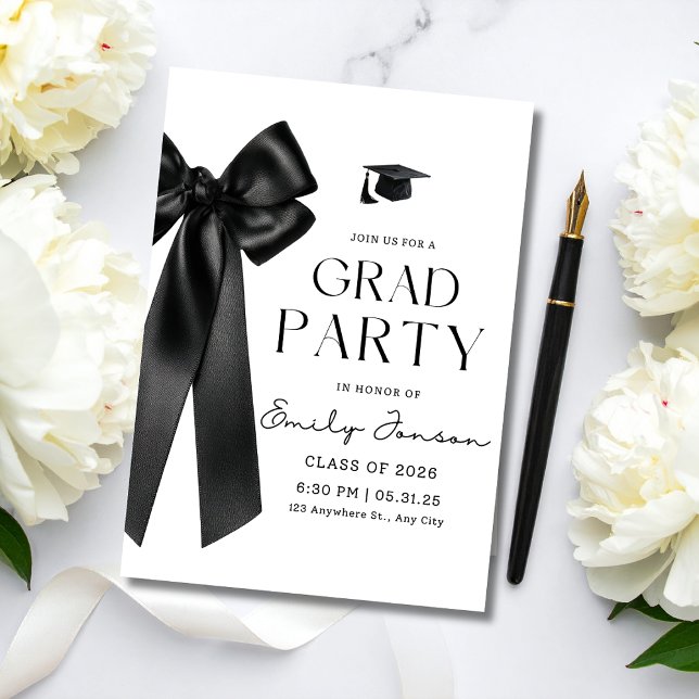 Trendy Black Bow Graduation Party Coquette Grad  Invitation (Creator Uploaded)