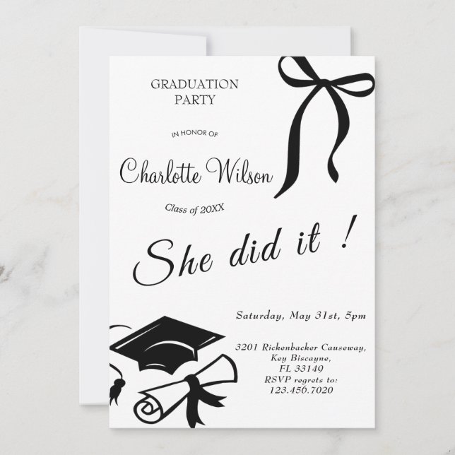 Trendy Black Bow Graduation Party Invitation (Front)