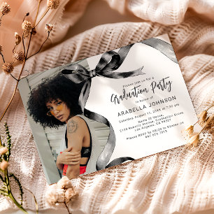 Trendy Black Bow Photo Graduation Invitation