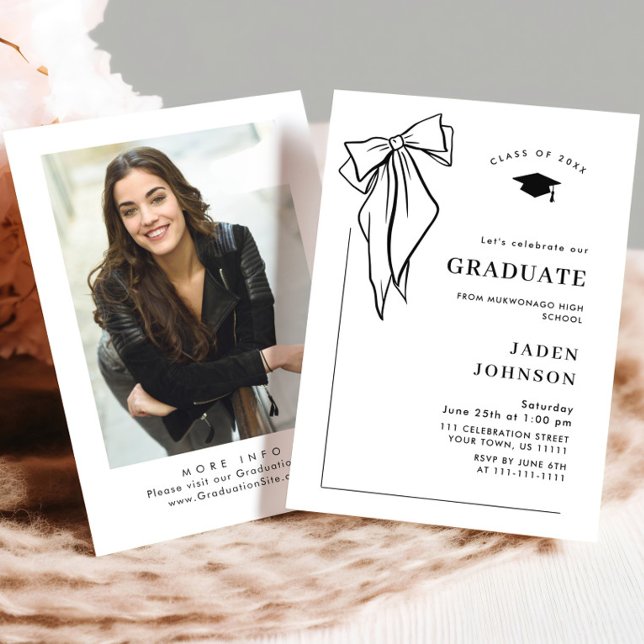 Trendy Black Bow Ribbon PHOTO Graduation Party Invitation (Creator Uploaded)
