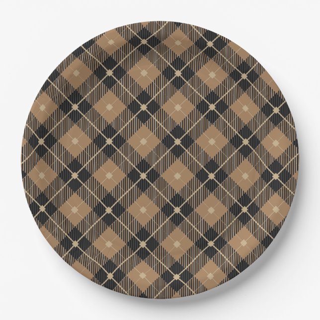 Trendy Black Brown Plaid Pattern Paper Plate (Front)