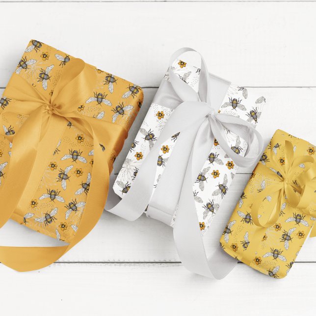 Trendy Black Buzzing Honeybee for Spring & Summer Wrapping Paper Sheet (Chic Bee Gift Wrap. Honeybees & Spring Flowers Drawings on Mustard Yellow, White & Pumpkin Orange.)