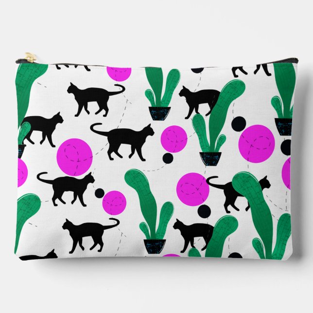 Trendy Black Cat and Cactus Pattern Accessory Pouch (Front)