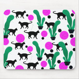 Trendy Black Cat and Cactus Pattern Mouse Mat