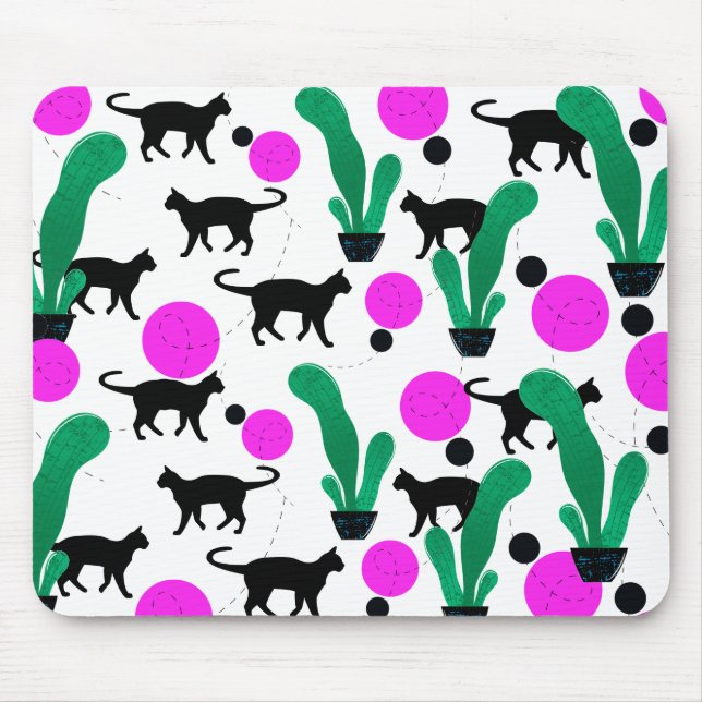 Trendy Black Cat and Cactus Pattern Mouse Mat (Front)