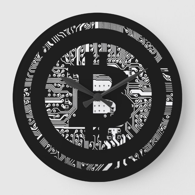 Trendy Black Circuitry Bitcoin Logo Large Clock (Front)