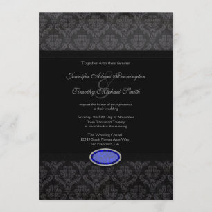Trendy black damask blue jewel wedding invitation