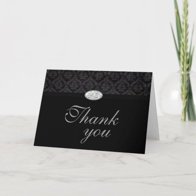Trendy black damask diamond wedding thank you card (Front)