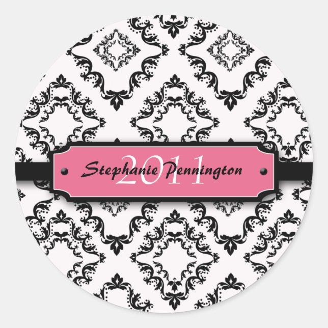 Trendy black damask graduation personalise sticker (Front)