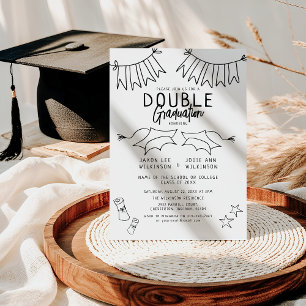 Trendy Black Doodle Double Graduation Party Invitation