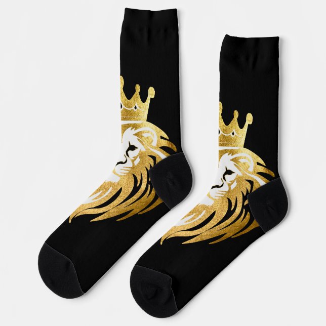 Trendy Black Faux Gold King Lionhead  Socks (Left)