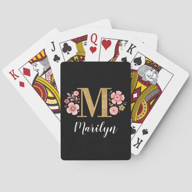 Trendy Black Floral Monogram letter M Playing Cards (Back)