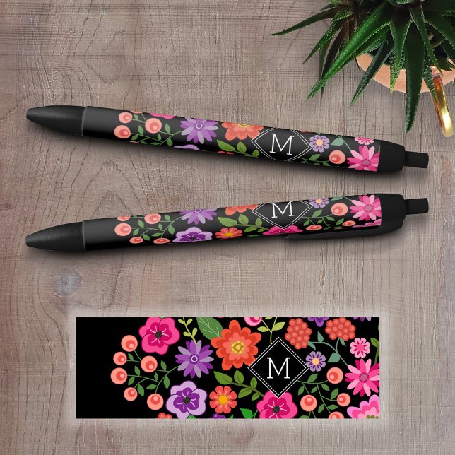 Trendy Black Floral Pattern with Custom Monogram Black Ink Pen (Personalized Writing Pens - add your name, monogram or other text)