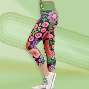 Trendy Black Floral Pattern with Custom Monogram Capri Leggings