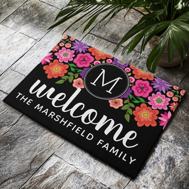 Trendy Black Floral Pattern with Custom Monogram Doormat (Custom Welcome Mat)