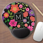 Trendy Black Floral Pattern with Custom Monogram Gel Mouse Mat<br><div class="desc">A cute design with trendy Spring flowers and a bold way to display your monograms.</div>