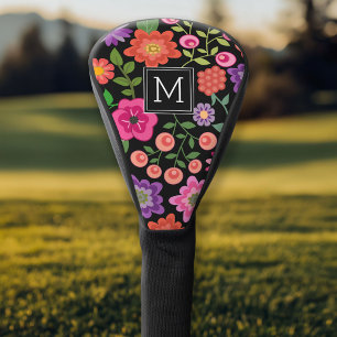 Trendy Black Floral Pattern with Custom Monogram Golf Head Cover