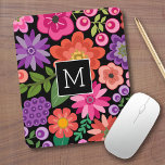 Trendy Black Floral Pattern with Custom Monogram Mouse Mat<br><div class="desc">A cute design with trendy Spring flowers and a bold way to display your monograms.</div>