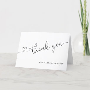 Trendy Black Girly Script Heart Name Thank You Card