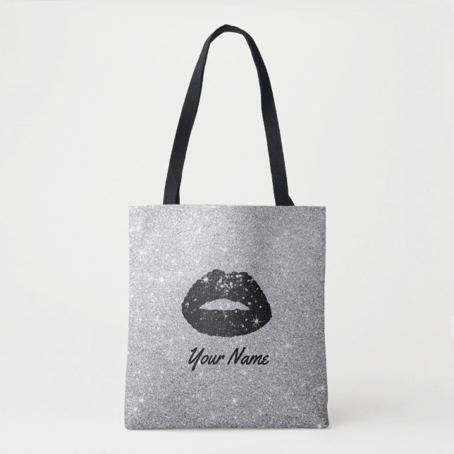 Trendy Black Glitter Lips Modern Silver Tote Bag (Front)