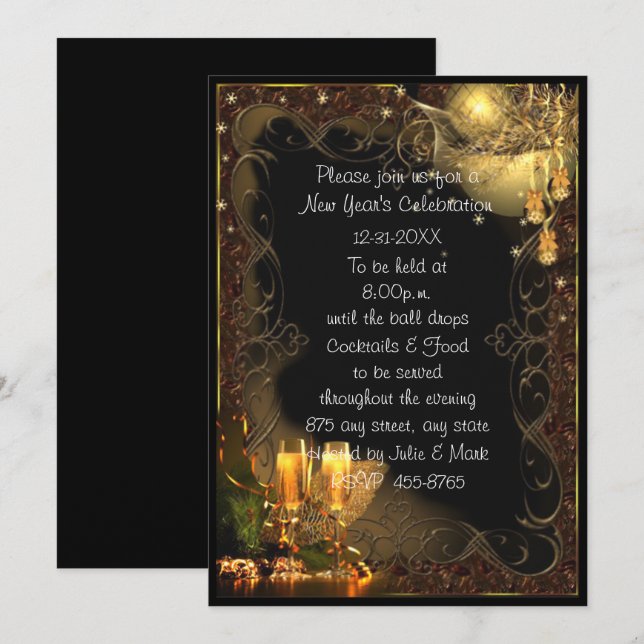 Trendy Black Gold Champagne New Year's Party Invitation (Front/Back)