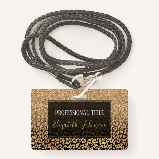 Trendy Black Gold Glitter Leopard Ombre ID Badge (Front with Lanyard)