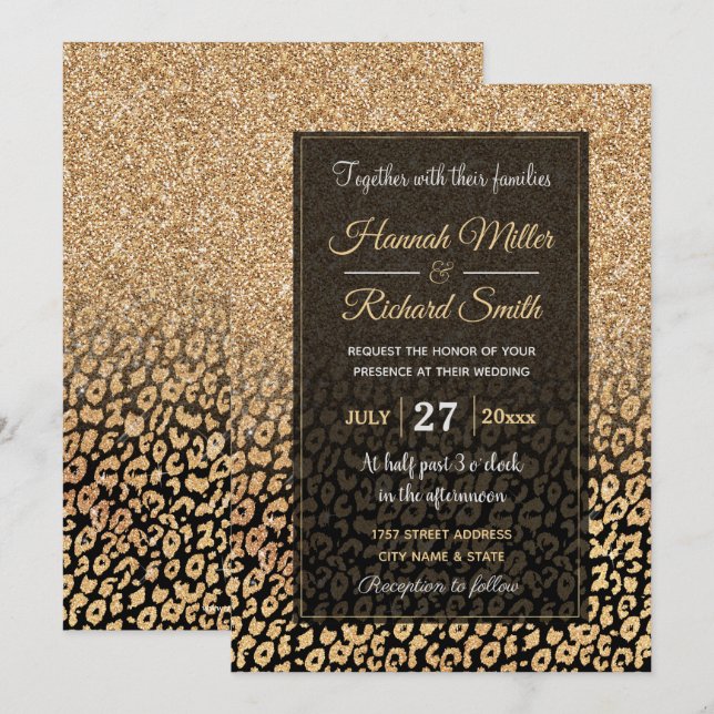 Trendy Black Gold Glitter Leopard Ombre Invitation (Front/Back)