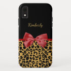 Trendy Black Gold Leopard Print Red Bow and Name