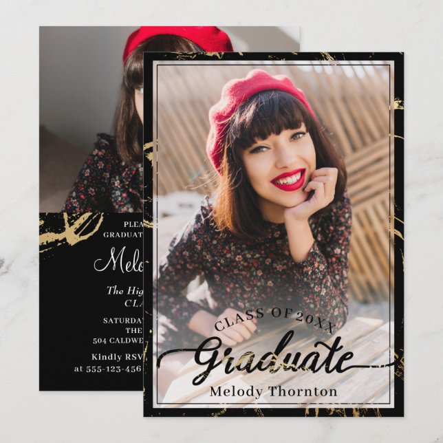 Trendy Black Gold Marble 2 Photo Graduation Party Invitation (Front/Back)