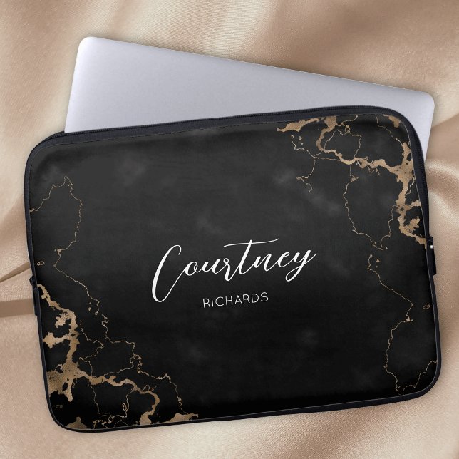 Trendy Black & Gold Marble Script Monogram Name  Laptop Sleeve (Black marble and gold glitter personalized laptop sleeve with space for your name or logo)