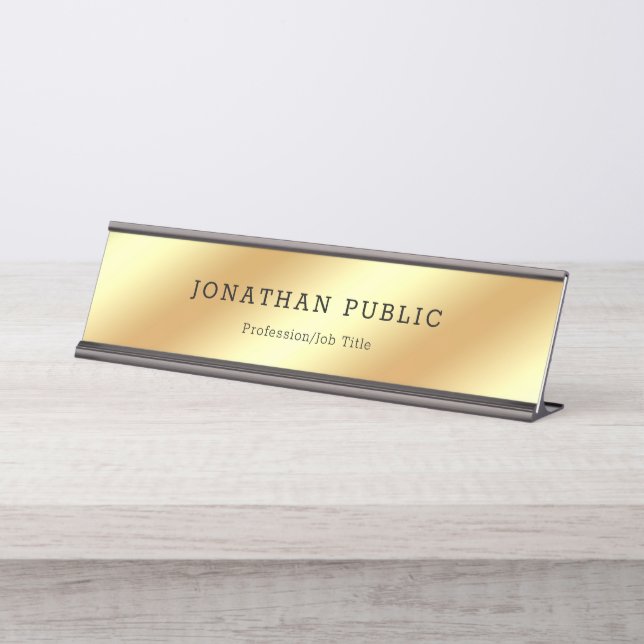 Trendy Black Gold Modern Elegant Luxury Glamour Desk Name Plate (Front)