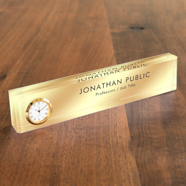 Trendy Black Gold Modern Template With Clock Chic Nameplate (Side)