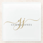 Trendy Black Gold Monogram Initial Script Name Glass Coaster<br><div class="desc">Bring understated elegance to your space with this personalised monogram coaster. Designed with graceful gold script initials and a refined serif name, it’s a modern yet timeless accent that works beautifully at home or at the office. Perfect for protecting adding a touch of sophistication, this versatile piece looks just as...</div>