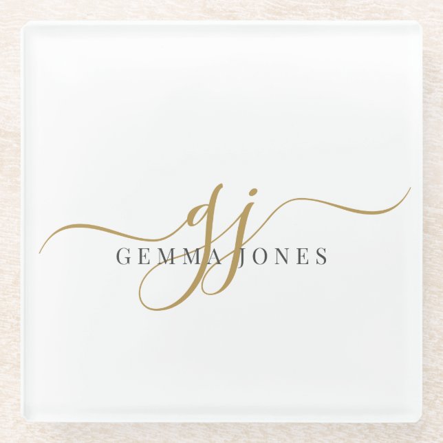 Trendy Black Gold Monogram Initial Script Name Glass Coaster (Front)