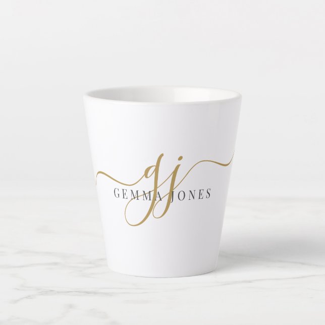Trendy Black Gold Monogram Initial Script Name Latte Mug (Front)